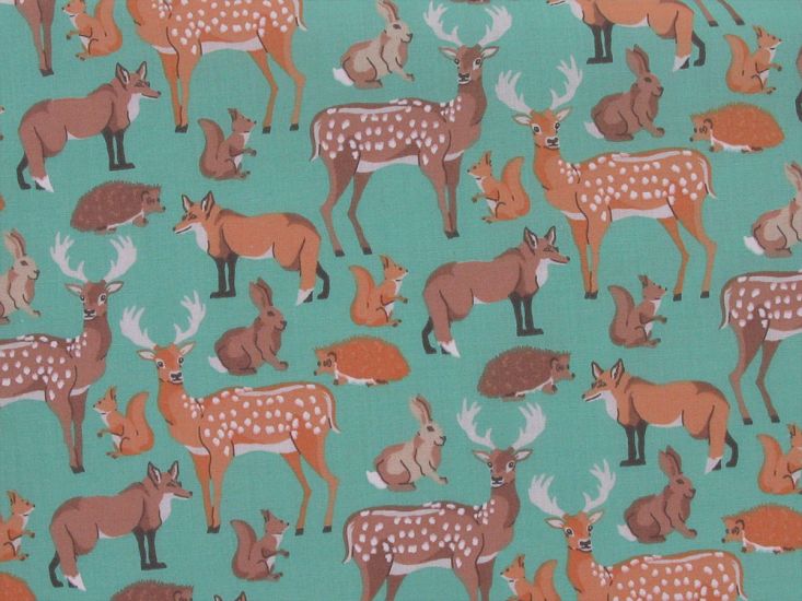 Woodland Animals Polycotton Print, Mint