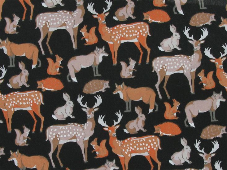 Woodland Animals Polycotton Print, Black