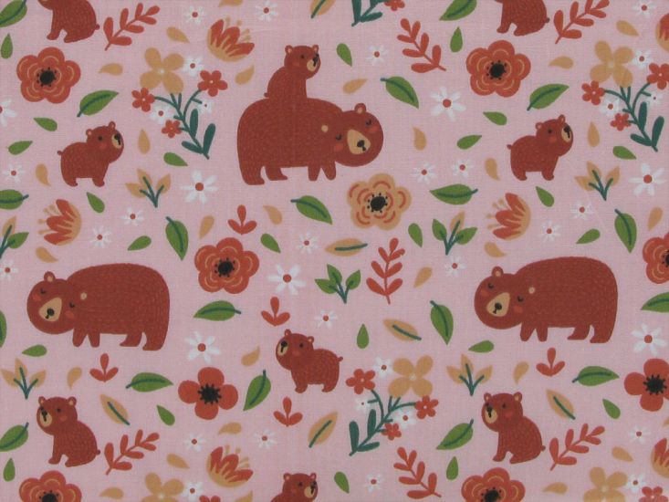 Woodland Bears Polycotton Print, Pink