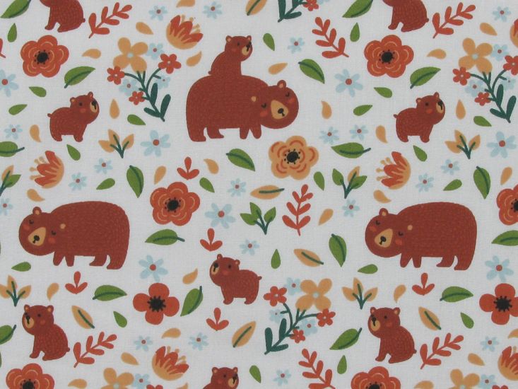 Woodland Bears Polycotton Print, White