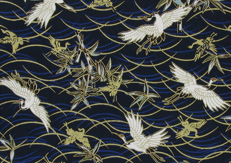 Isumi Japanese Foil Cotton Print, Swooping Crane, Navy